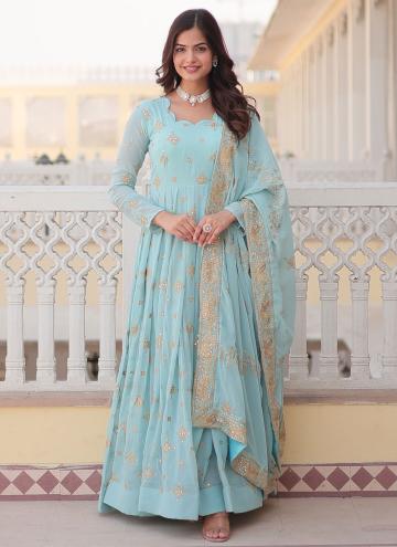 Embroidered Faux Georgette Aqua Blue Readymade Designer Gown