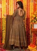 Embroidered Faux Georgette Brown Gown - 1