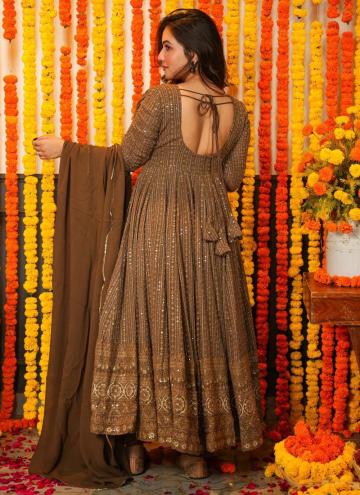 Embroidered Faux Georgette Brown Gown