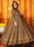 Embroidered Faux Georgette Brown Gown - 2