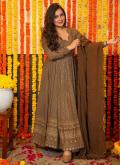 Embroidered Faux Georgette Brown Gown - 3