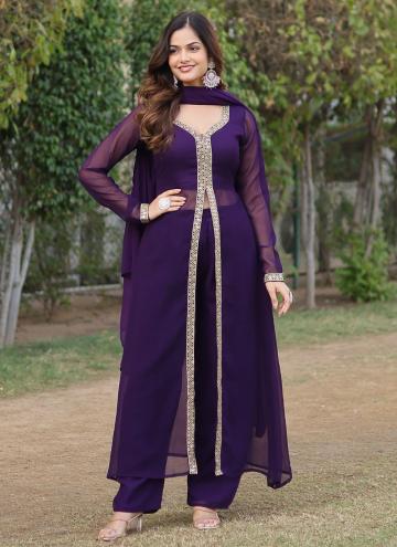 Embroidered Faux Georgette Purple Trendy Salwar Ka