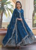 Embroidered Faux Georgette Teal Designer Gown - 1