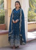Embroidered Faux Georgette Teal Designer Gown - 2