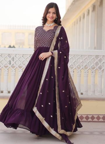 Embroidered Faux Georgette Wine Readymade Designer Gown