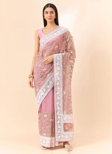 Embroidered Organza Rose Pink Trendy Saree