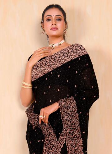Embroidered Vichitra Silk Black Designer Saree