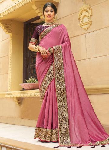Embroidered Vichitra Silk Pink Classic Designer Saree
