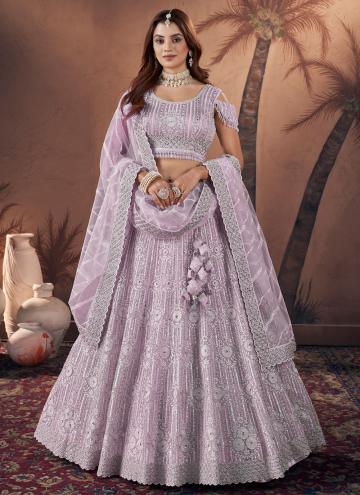Fab Lavender Georgette Embroidered A Line Lehenga Choli for Engagement