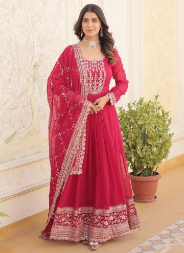 Fab Pink Faux Georgette Embroidered Readymade Designer Gown