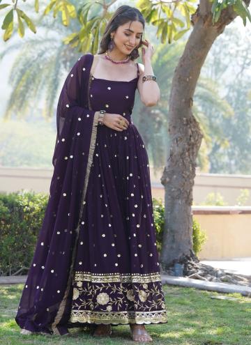 Fab Wine Faux Georgette Embroidered Gown for Ceremonial
