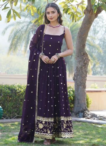 Fab Wine Faux Georgette Embroidered Gown for Ceremonial