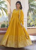 Fab Yellow Faux Georgette Embroidered Gown for Ceremonial - 1