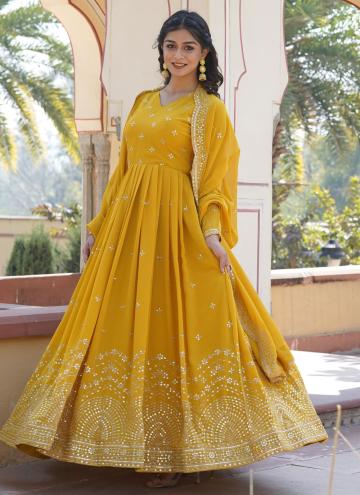 Fab Yellow Faux Georgette Embroidered Gown for Ceremonial