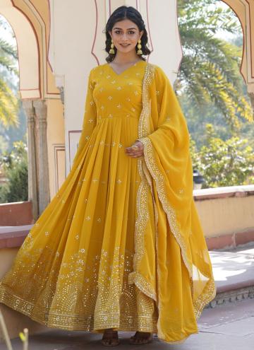 Fab Yellow Faux Georgette Embroidered Gown for Cer