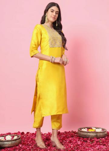Fab Yellow Silk Blend Embroidered Designer Salwar Kameez for Festival