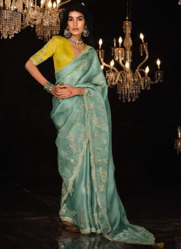 Fancy Fabric Contemporary Saree in Sea Green Enhanced with Border