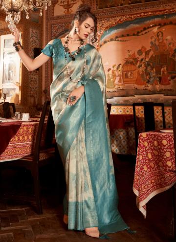 Fancy work Silk Cream and Turquoise Traditional Saree