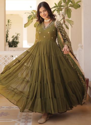 Faux Georgette Gown in Green Enhanced with Embroidered