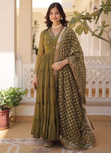 Faux Georgette Gown in Green Enhanced with Embroidered