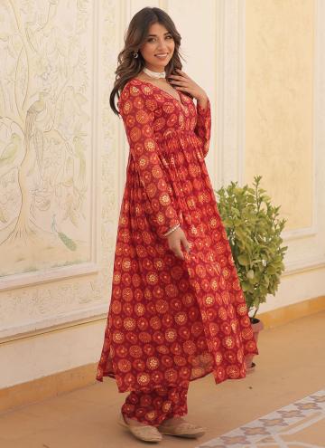 Faux Georgette Party Wear Kurti in Orange and Red Enhanced with Foil Print