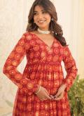 Faux Georgette Party Wear Kurti in Orange and Red Enhanced with Foil Print - 4