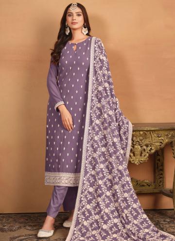 Faux Georgette Trendy Salwar Suit in Purple Enhanced with Embroidered