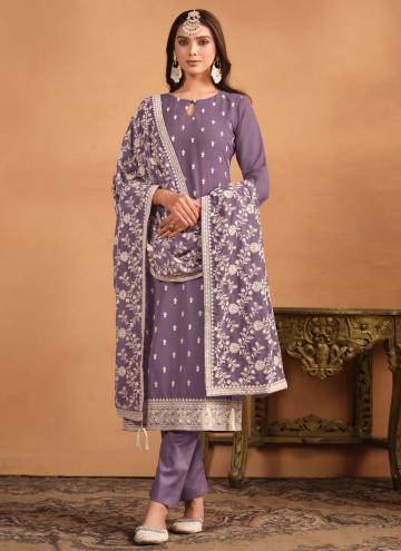Faux Georgette Trendy Salwar Suit in Purple Enhanced with Embroidered