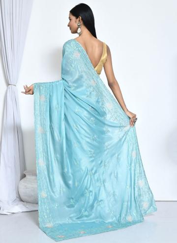 Firozi color Crepe Silk Trendy Saree with Embroidered
