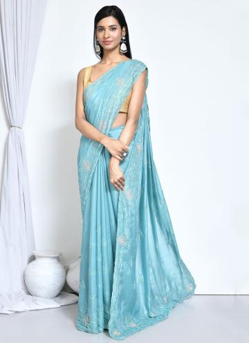 Firozi color Crepe Silk Trendy Saree with Embroidered