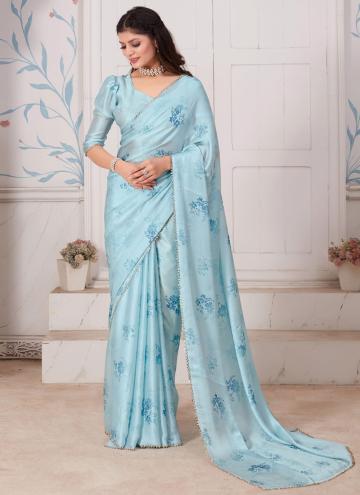 Firozi color Georgette Satin Contemporary Saree with Digital Print
