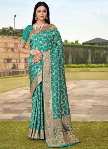 Floral Print Banarasi Turquoise Classic Designer Saree