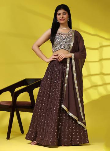 Georgette A Line Lehenga Choli in Brown Enhanced with Embroidered