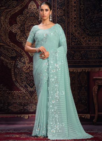 Georgette Classic Designer Saree in Aqua Blue Enhanced with Sequins Work