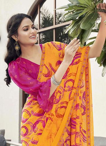 Georgette Contemporary Saree in Orange Enhanced with Printed