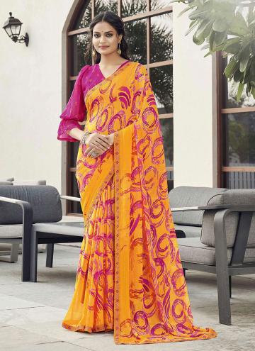 Georgette Contemporary Saree in Orange Enhanced with Printed