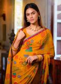Georgette Contemporary Saree in Yellow Enhanced with Printed - 1