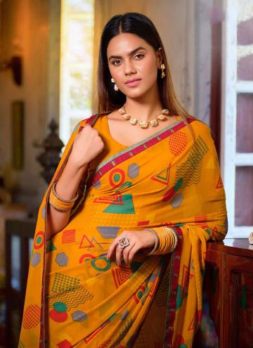 Georgette Contemporary Saree in Yellow Enhanced with Printed