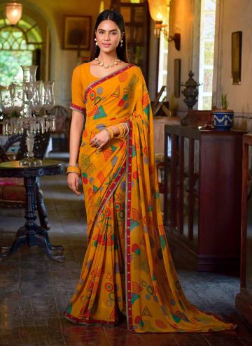 Georgette Contemporary Saree in Yellow Enhanced wi