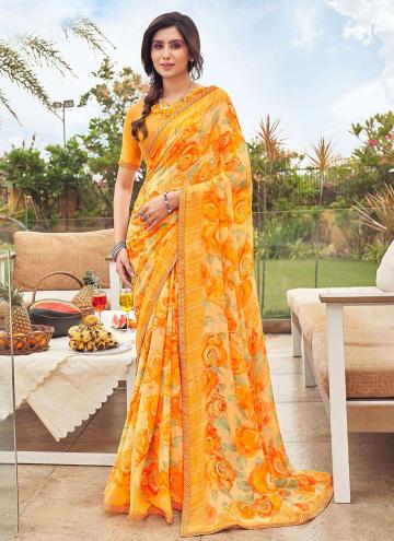 Georgette Contemporary Saree in Yellow Enhanced with Printed