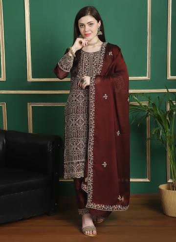 Georgette Designer Salwar Kameez in Maroon Enhanced with Embroidered