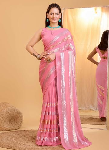 Georgette Designer Saree in Rose Pink Enhanced wit