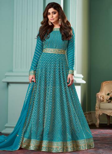 Georgette Floor Length Gown in Firozi Enhanced with Sequins Work