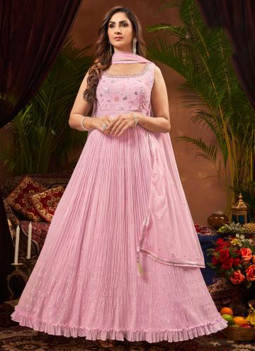 Georgette Gown in Pink Enhanced with Embroidered