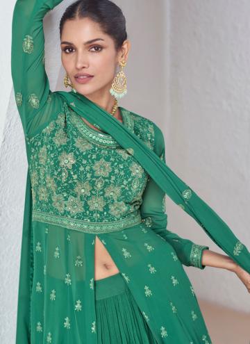 Georgette Readymade Lehenga Choli in Green Enhanced with Embroidered