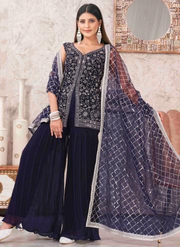 Georgette Salwar Suit in Blue Enhanced with Embroidered