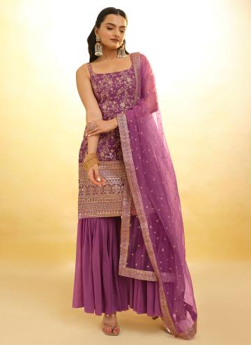 Georgette Salwar Suit in Pink Enhanced with Embroi