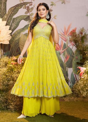 Georgette Salwar Suit in Yellow Enhanced with Embroidered