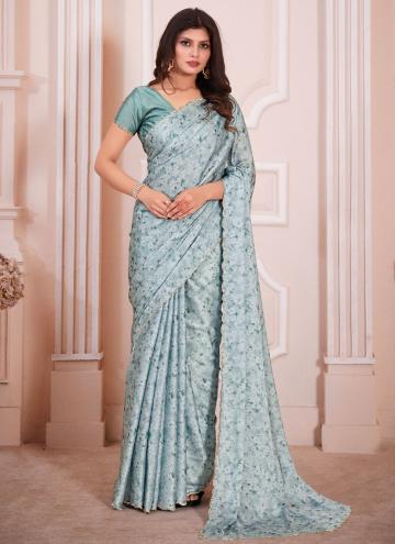 Georgette Satin Classic Designer Saree in Turquoise Enhanced with Cutwork