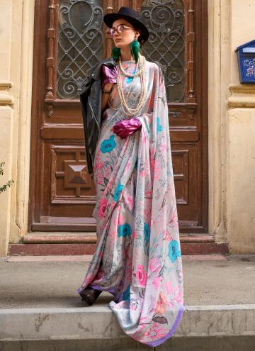 Georgette Satin Contemporary Saree in Grey Enhanced with Digital Print
